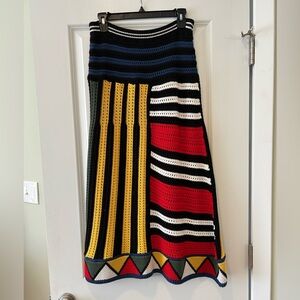 Anthropologie Black, Red, Yellow & Navy Crochet A-Line Maxi Skirt